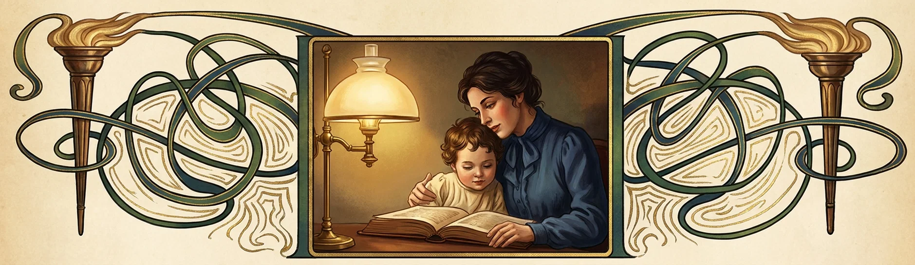 A decorative Art Nouveau composition frames a warmly lit domestic scene. At the center, a mother in a dark blue dress leans affectionately over a young child as they read together from an open book on a table. A glowing brass oil lamp stands to their left, illuminating their faces and the pages. The central panel is bordered in dark green and gold, while flowing symmetrical ribbons, stylized foliage, and curling ornamental motifs extend outward to two tall, flame-like lamp or torch forms at the sides. No text or lettering appears within the artwork.