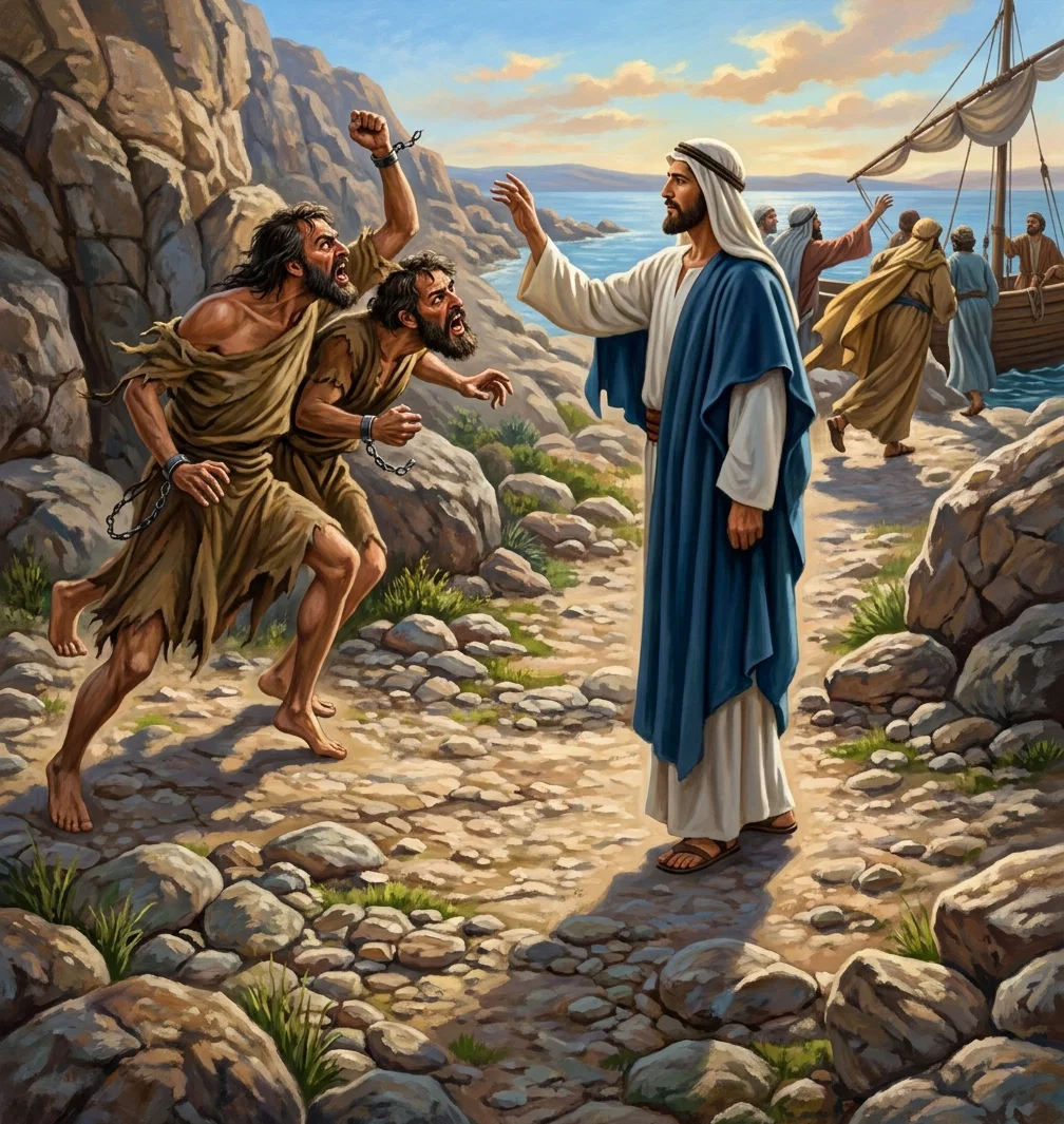“From some hiding-place among the tombs, two mad-men rush upon them, as if to tear them in pieces.”