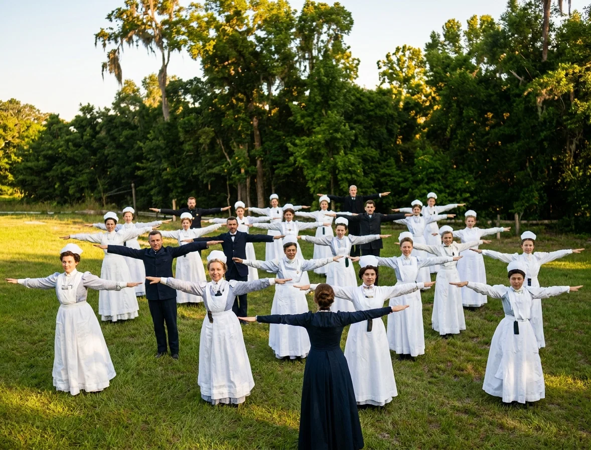 Sanitarium nurses taking breathing exercises