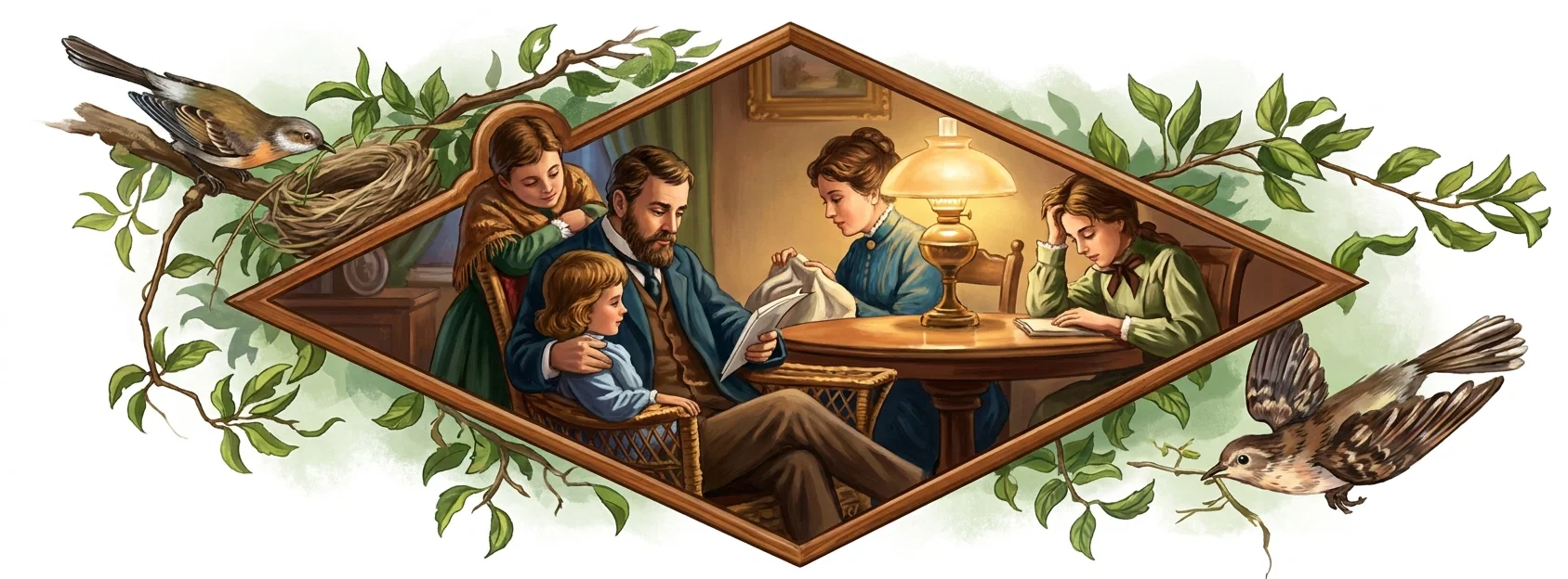A family gathers indoors in a warmly lit sitting room framed within a diamond-shaped wooden border. A bearded father seated in a wicker chair reads from an open book or paper while a young child sits on his lap and an older girl leans affectionately over his shoulder. At a round table behind them, a woman handles folded fabric or a garment, while another young person in a green shirt rests their head on one hand beside a small book. A glowing oil lamp, furniture, and framed wall picture complete the room. Leafy branches surround the border, with birds perched near a nest at upper left and another bird flying at lower right.