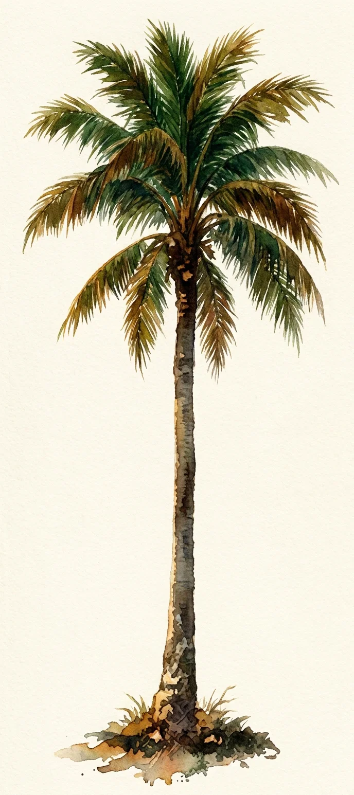 A tall, slender palm tree rises from a small patch of earthy ground against a plain cream background. Its long, textured trunk extends nearly the full height of the image, widening slightly at the base and supporting a crown of arching fronds. The leaves range from deep green to olive and golden brown, with many narrow, pointed leaflets and several drooping, weathered fronds surrounding fresher upright growth. Small grasses and scattered earth tones cluster around the roots. No people, animals, lettering, or other objects are visible.