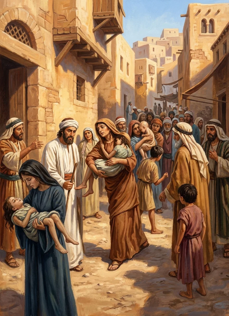 Mothers with their sick and dying little ones in their arms press through the throng.