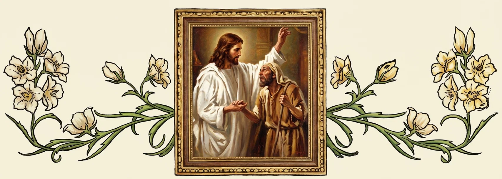 A central, richly ornamented gold-and-brown framed painting shows Jesus in a flowing white robe beside a bearded man in a brown robe and head covering. Jesus gestures toward the man with one hand while raising the other, and the man looks up at him, appearing to seek help or forgiveness. The scene is set indoors against warm architectural shadows. Symmetrical green vines with curling stems, leaves, buds, and clusters of pale cream flowers extend outward from both sides of the frame across a light background.