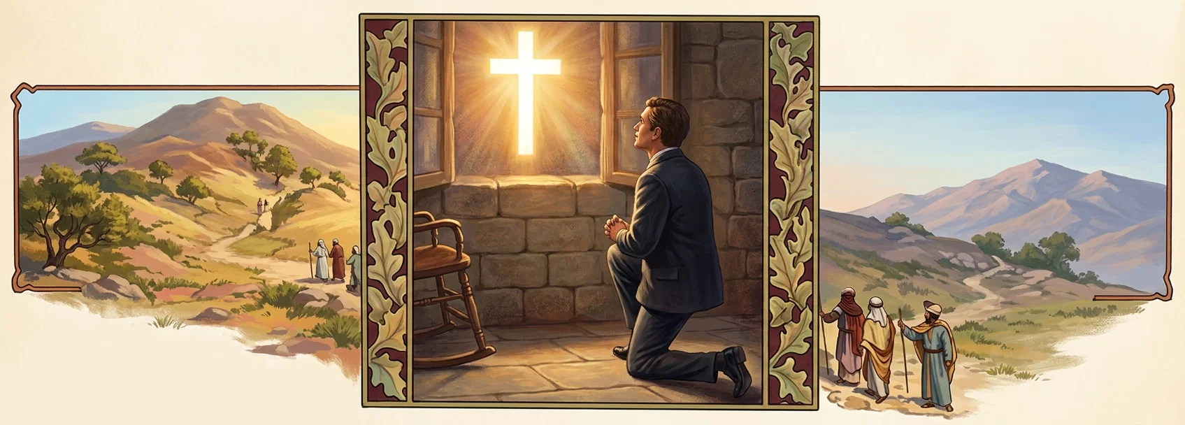 A three-part devotional scene is framed by ornate floral panels. In the central panel, a dark-haired man in a dark suit kneels reverently inside a stone room, facing a brilliant glowing cross visible through an open window; warm rays illuminate the masonry, floor, and a wooden rocking chair. The side panels depict expansive mountainous landscapes with winding paths, scattered trees, shrubs, and distant peaks. On the right, three robed travelers carrying staffs walk across the foreground, while smaller figures appear along the path at left. No lettering is visible within the artwork.