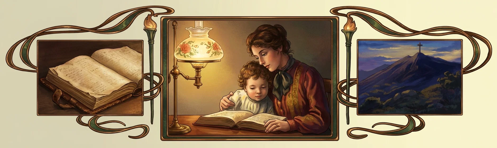 An ornate triptych scene emphasizes learning and spiritual formation in the home. In the central panel, a warmly dressed mother or father sits beside a curly-haired child at a table, guiding the child over an open book beneath a glowing floral oil lamp. The left panel shows a large open, handwritten volume resting on a dark wooden surface, while the right panel depicts a rugged mountain at dusk crowned by a simple cross. Flowing Art Nouveau-style ribbons, green accents, and flame-like ornaments connect the framed panels.