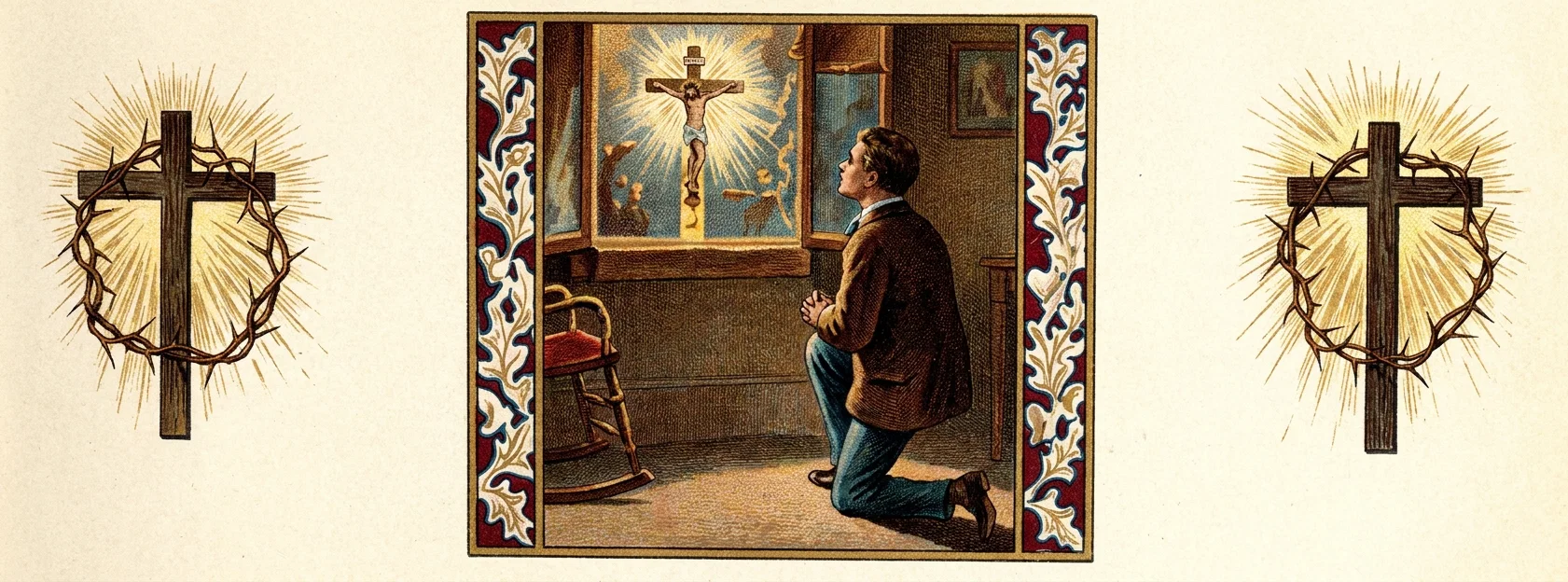 A kneeling man in a dark jacket and blue trousers prays inside a warmly furnished room, facing a glowing framed image of Jesus crucified on the cross. The sacred image radiates golden beams and is set above a wooden ledge, with a chair visible at left and a small framed picture on the wall at right. The central scene is enclosed by ornate vertical borders decorated with scrolling red, blue, cream, and gold foliage. Flanking the framed scene on both sides are matching dark wooden crosses encircled by crowns of thorns and surrounded by radiant golden lines.
