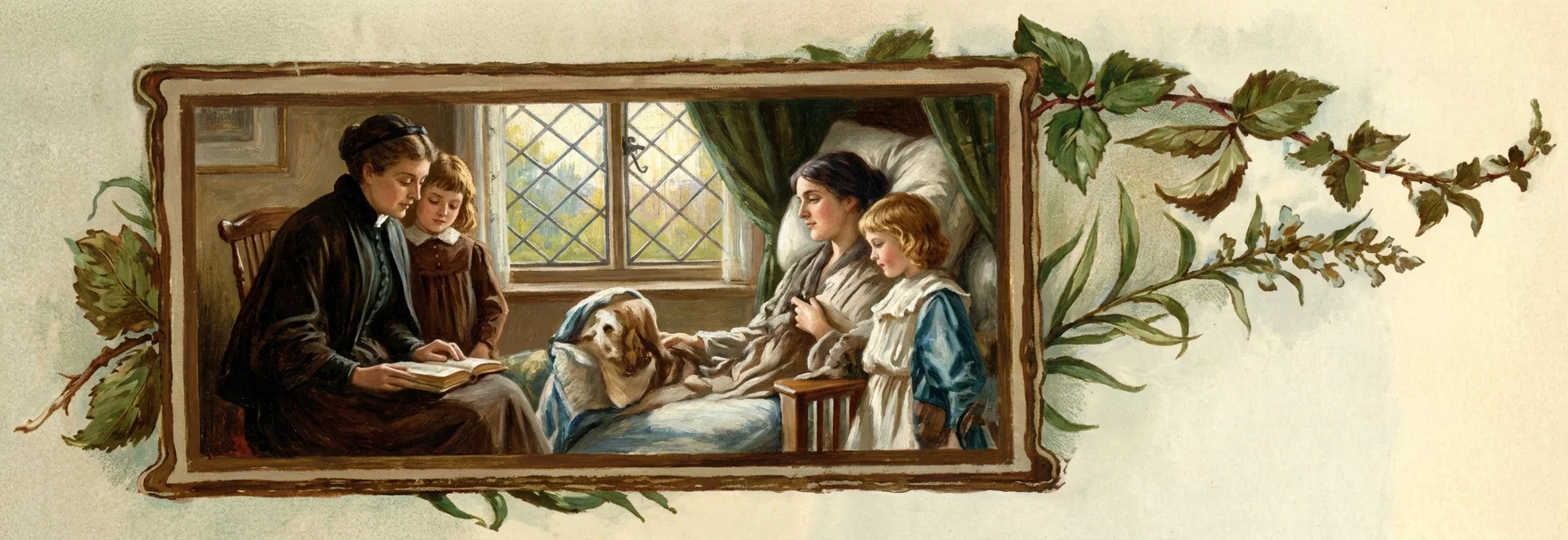 A warmly colored domestic scene shows a dark-clad woman seated at left, reading from an open book to a young girl standing beside her. At right, another woman sits in a cushioned chair or bed beside a second child, gently holding or comforting a small white-and-brown dog between them. The figures gather in a quiet room before a diamond-paned window with curtains, with wooden furniture and a framed picture in the background. A broad ornamental frame surrounds the scene, entwined with leafy branches and sprigs extending across the pale background; no lettering is visible within the artwork.