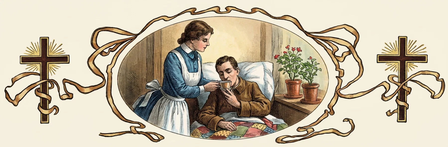 A sick man reclines in bed beneath a colorful patchwork quilt, holding a cup while a woman in a blue dress and white apron carefully offers him a spoonful of medicine or refreshment. The intimate room includes pillows, curtains, and two flowering potted plants on a bedside table. The central domestic scene is enclosed within an ornate oval frame decorated with flowing gold ribbons, while dark wooden crosses with radiating golden lines stand on either side, emphasizing the religious theme of prayer and healing. No readable text appears within the artwork.
