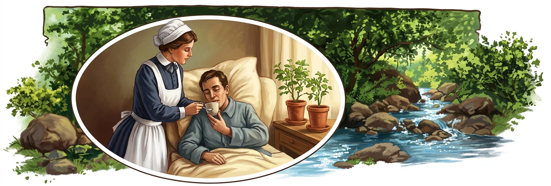 The illustration combines a pastoral woodland scene with an oval interior vignette. In the vignette, a nurse or maid in a dark blue dress, white apron, and white cap supports a seated, pale-looking man in bed while offering him a cup. The man, wearing a gray-blue shirt and covered by a cream blanket, holds the cup and appears to drink. Two potted green plants sit on a wooden table beside the bed. Surrounding the vignette is a lush forest with leafy trees, mossy rocks, and a bright stream cascading over stones.