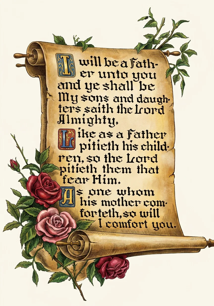 I will be a Father unto you and ye shall be My sons and daughters saith the Lord Almighty.

Like as a Father pitieth his children, so the Lord pitieth them that fear Him.

As one whom his mother comforteth, so will I comfort you.