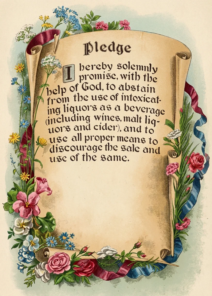 Pledge

I hereby solemnly promise, with the help of God, to abstain from the use of intoxicating liquors as a beverage (including wines, malt liquors and cider), and to use all proper means to discourage the sale and use of the same.