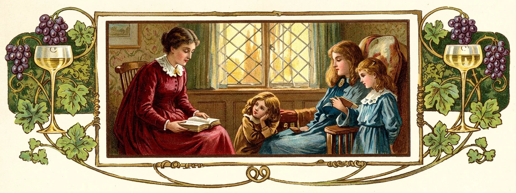 A warmly colored domestic scene shows a woman in a deep red dress seated at left, holding an open book and appearing to read or teach. Three girls gather around her in attentive poses: one kneels beside the woman, while two older girls sit in wooden chairs at right, one holding a small book. The room has patterned wallpaper, wood paneling, a framed picture, and tall diamond-paned windows behind them. The central scene is surrounded by ornate grapevines, large leaves, curling stems, clusters of purple grapes, and golden goblets filled with pale liquid on both sides.