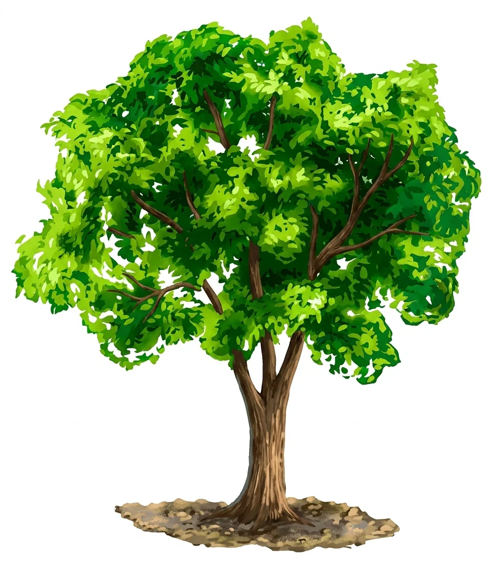 A solitary, mature, wide-spreading tree stands centered against a plain white background. Its sturdy, textured brown trunk rises from a small irregular patch of earth and divides into numerous branches, some visible through gaps in the dense crown. The rounded canopy is filled with abundant overlapping leaves in varied shades of bright and dark green, creating a richly layered, lush appearance. No people, animals, lettering, or other objects are visible.