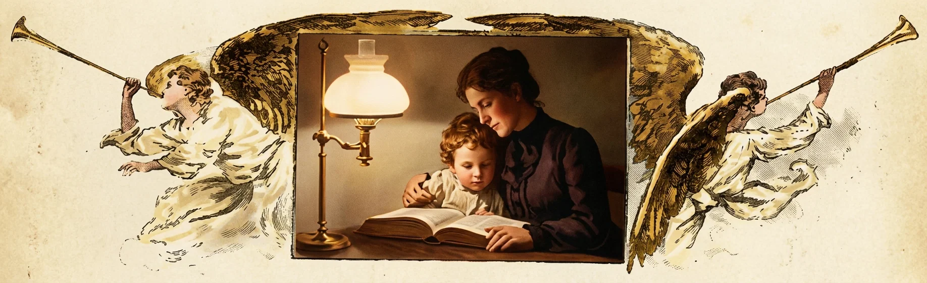 A warmly lit domestic scene shows a mother seated beside a young child, gently supporting him as they read together from a large open book on a table. A glowing oil lamp stands to their left, illuminating their faces and the pages against a dark interior background. Surrounding the central scene are decorative sepia-toned figures of two winged, flying children or cherubs, each holding a long trumpet, with sweeping feathered forms framing the composition. No text appears within the depicted artwork.