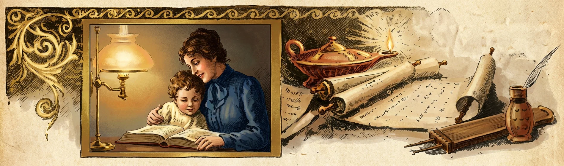 A warmly colored domestic scene shows a mother in a blue dress sitting beside a young child, gently guiding the child as they read an open book beneath a glowing oil lamp. The central pair is framed in an ornate golden panel, while decorative scrollwork fills the left side. To the right, an artistic arrangement of an illuminated oil lamp, rolled and unrolled manuscripts covered with handwritten marks, a quill, ink vessel, brush, and closed book suggests learning, writing, and scholarship. No clear printed words or labels are legible.