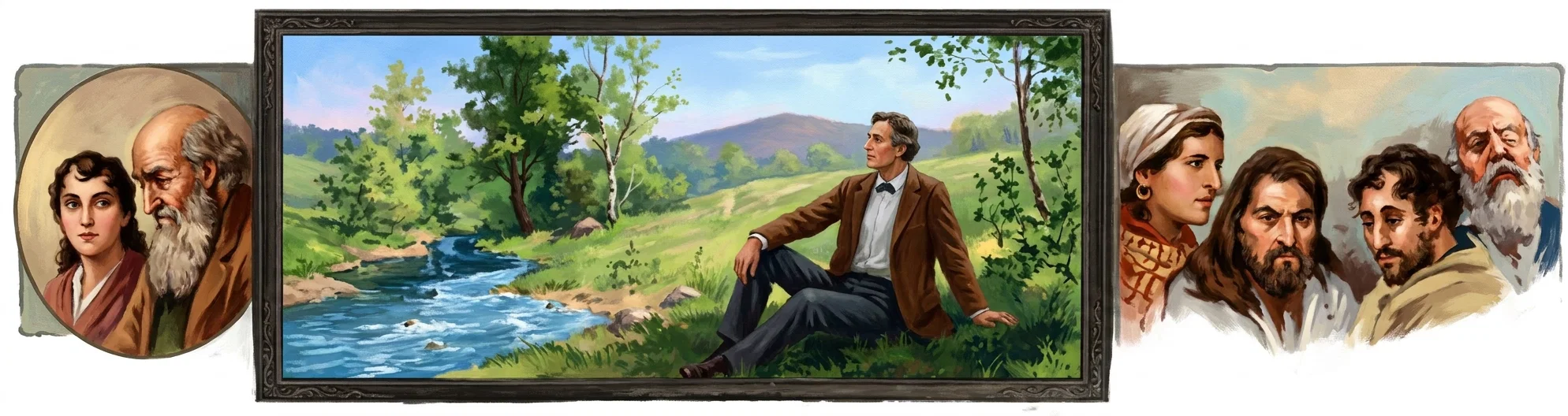 A painted pastoral scene occupies the center, showing a well-dressed man in a brown jacket, white shirt, bow tie, and dark trousers seated beside a clear, rippling stream. He rests one arm on the grassy bank and gazes toward the wooded hills and distant mountain under a bright blue sky. Flanking the central scene are portrait vignettes: at left, a young dark-haired woman beside an elderly bearded man; at right, four closely grouped figures, including a head-covered woman, two dark-haired bearded men, and an older white-bearded man.