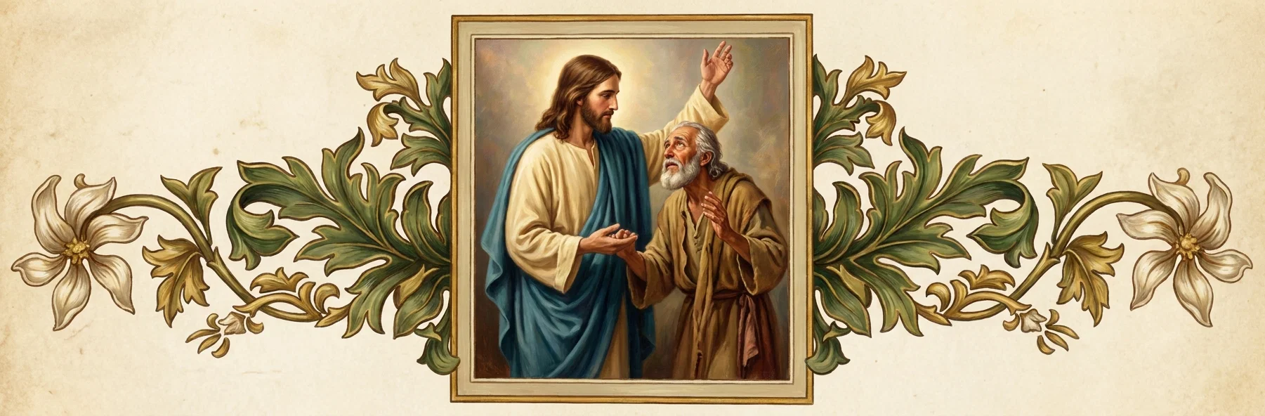 A central framed religious scene shows Jesus, dressed in a cream-colored robe and deep blue mantle, standing beside an older, white-bearded man in a brown robe. Jesus raises one hand toward the glowing sky while extending the other toward the man, who looks upward with an earnest, reverent expression and gestures toward Him. The painted figures are surrounded by elaborate symmetrical foliage in green and gold, with curling acanthus leaves and large pale blossoms extending outward on both sides. No text, animals, or other objects are visible.