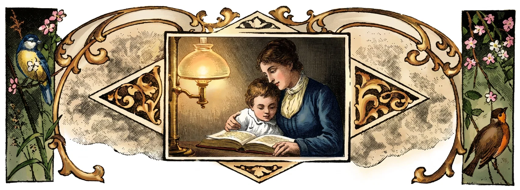An ornate decorative composition surrounds a central scene of a mother and young child reading together at a table. The mother, dressed in blue with a white collar, gently embraces the child as they look down at an open book, illuminated by a glowing brass oil lamp. Gold scrollwork and pale patterned panels frame the inset scene, while side panels depict flowering plants and birds: a blue-and-yellow bird perched among pink blossoms on the left, and a brown bird among pink and white flowers on the right. No text is visible within the artwork.