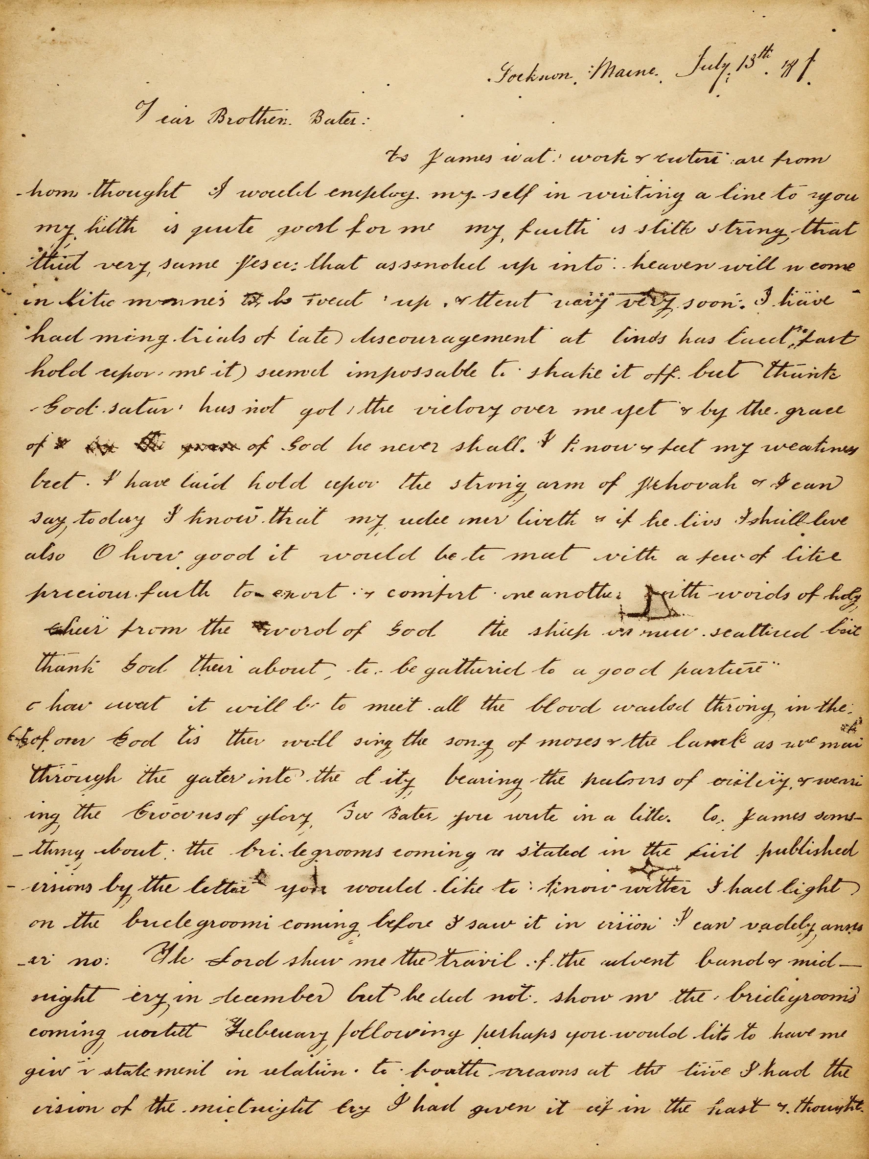 Photographic facsimile of a letter written by Mrs. White, July 13, 1847, to Elder Joseph Bates. Toward the close of the page the date of her first vision is given as December, 1844.