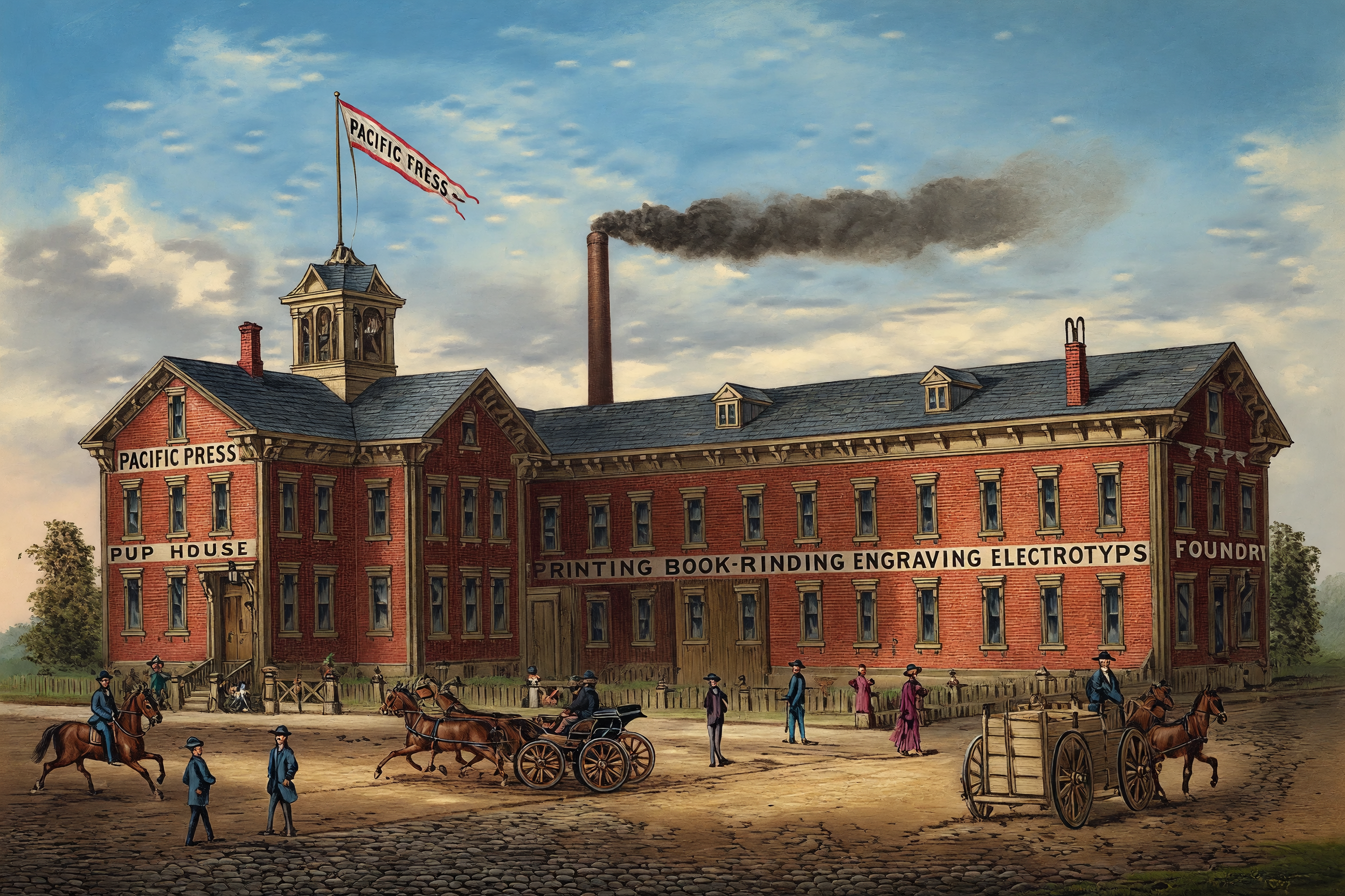 Engraving of the Pacific Press building in Oakland, California