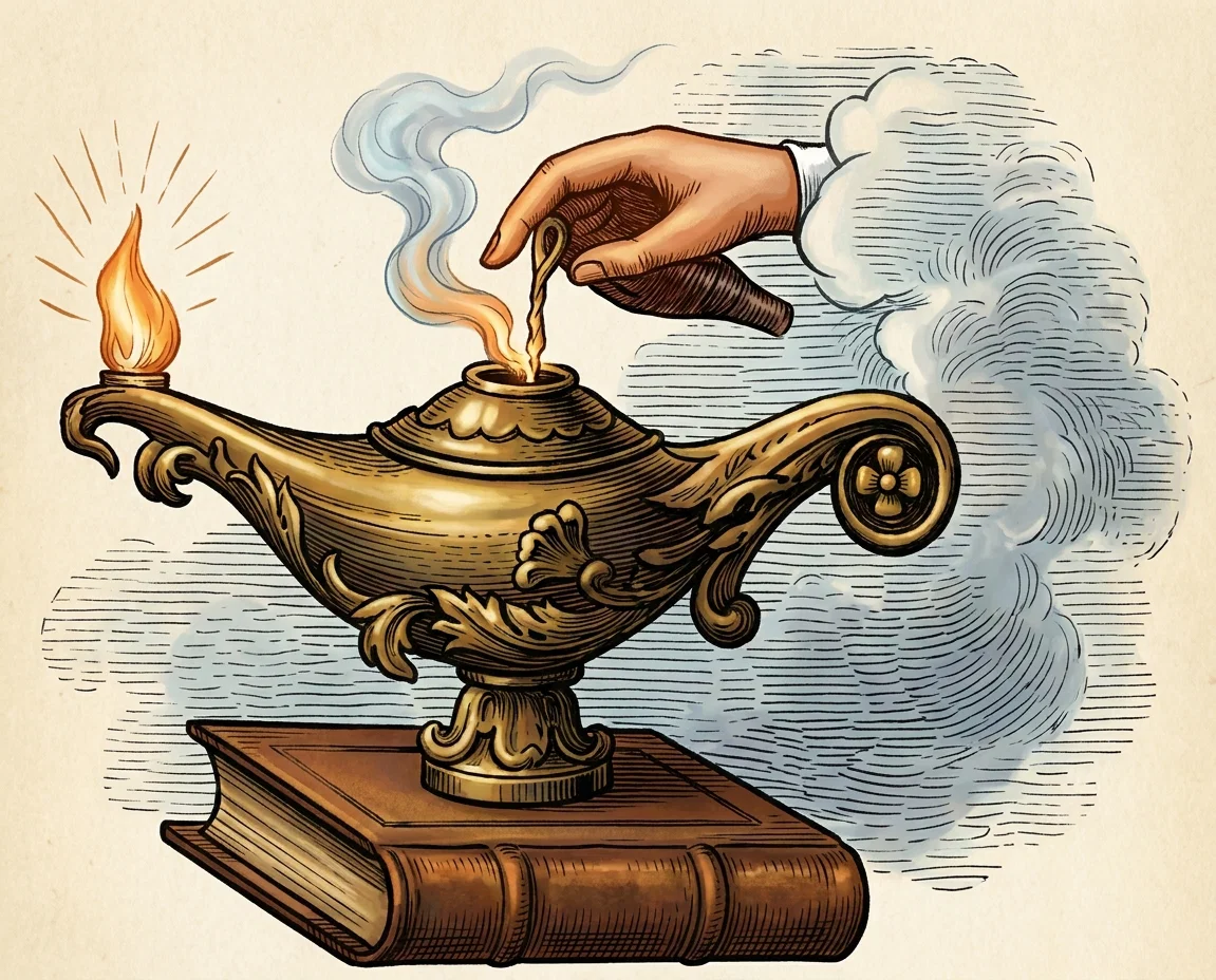 A richly ornamented golden oil lamp rests atop a closed brown leather-bound book. Its left spout holds a bright flame, while a large hand emerging from billowing pale clouds above appears to pour or place oil into the lamp’s central reservoir, where another small flame burns. Curling blue-gray smoke rises around the hand, and radiating lines emphasize the lamp’s light. The vessel features elaborate scrollwork, a pedestal base, and a circular floral ornament on its right handle, set against a light, lightly hatched background.