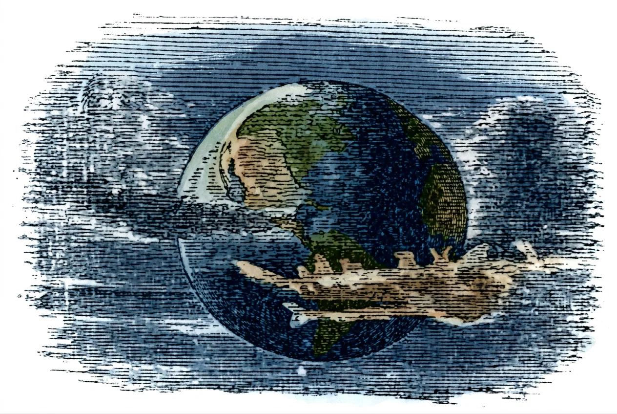 A large, stylized globe dominates the scene, showing green and tan landmasses amid deep blue oceans, with the curved outline of the Earth clearly visible. A long wooden sailing vessel or raft stretches horizontally across the foreground, partially obscuring the globe; its rough tan hull, raised ends, and small upright forms or fittings are visible along the deck. The background is filled with layered, dark blue-gray horizontal strokes suggesting stormy clouds, wind, or turbulent waves, creating a dramatic maritime setting. No legible text appears within the artwork.