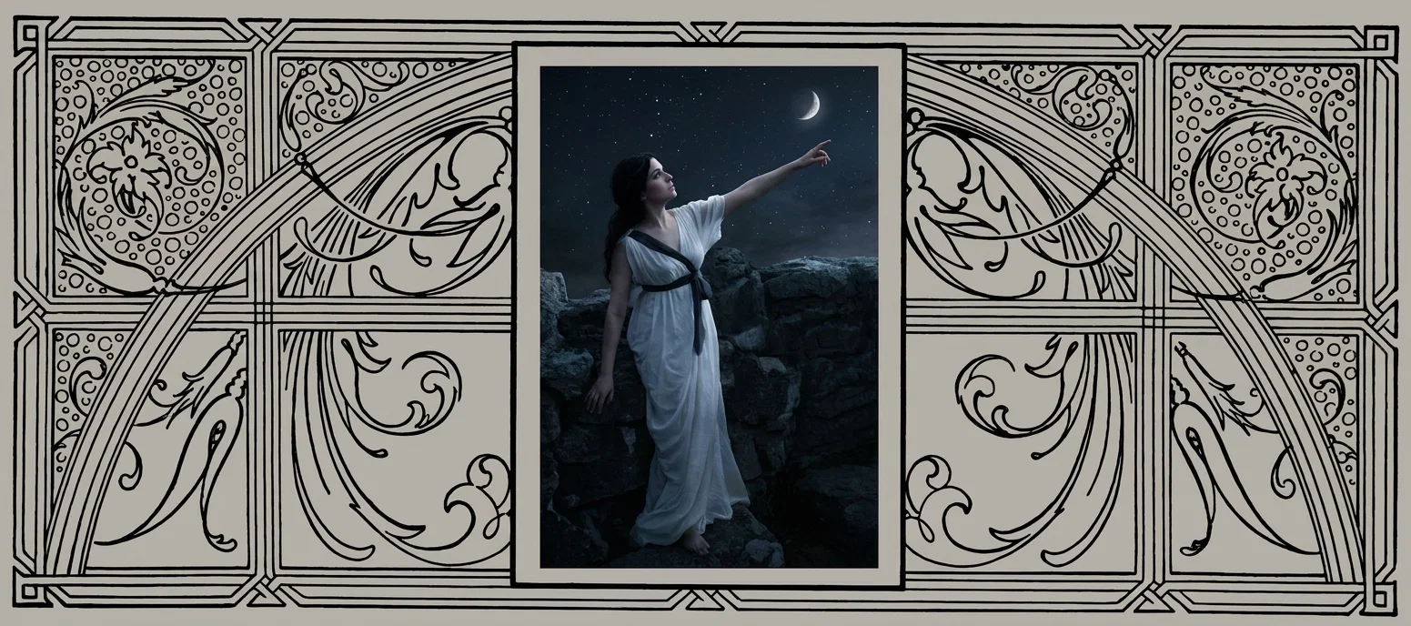 A woman in a flowing white classical gown, cinched with a dark sash, stands on rugged stone ruins beneath a deep, star-filled night sky. She extends one arm upward and points toward a slender crescent moon, while her other hand hangs at her side. The central scene is surrounded by an elaborate symmetrical black-lined ornamental border featuring sweeping arches, stylized leaves, curling floral forms, dotted patterns, and geometric interlacing details. No lettering or other text is visible within the artwork.