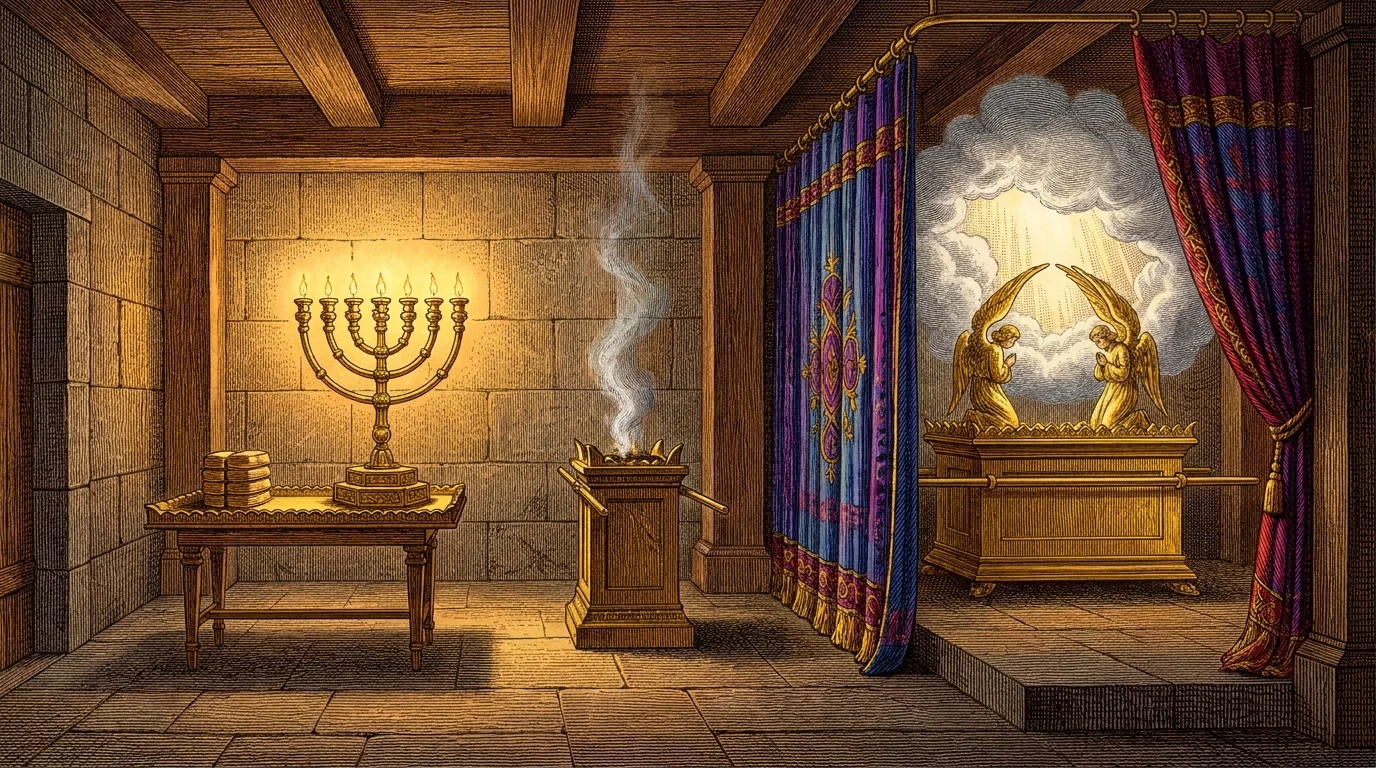 An ornate interior of the ancient Hebrew sanctuary is shown in warm, wood-toned engraving. At left, a seven-branched golden lampstand with lit flames stands on a table beside stacked loaves of bread. Near the center, a small altar emits a curling column of incense smoke, with implements resting against it. At right, richly patterned blue and crimson curtains open into the inner chamber, where a golden ark or chest is crowned by two winged cherubim facing each other beneath radiant light and clouds. Stone walls, beams, tiled flooring, and a raised threshold frame the solemn space.