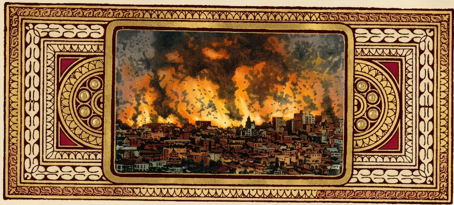 A densely built city stretches across the foreground beneath a vast, turbulent sky engulfed in orange flames, black smoke, and dark, billowing clouds. The skyline includes tightly packed low rooftops, varied masonry buildings, a prominent church or tower near the center, and several taller modern structures toward the right. The fiery glow silhouettes the city and suggests widespread destruction, while no individual people or animals are visible. An elaborate symmetrical decorative border surrounds the scene, featuring geometric bands, scrolling motifs, circular medallions, and muted red, gold, cream, and brown tones.