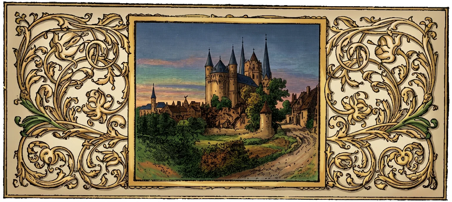 A panoramic view of a medieval German town at sunset, centered on a large fortified church or castle complex with several tall, pointed towers and a prominent central spire. Smaller timbered and masonry houses, additional church towers, and a round turret line the settlement below, surrounded by dense green trees and rolling countryside. A winding road leads from the foreground toward the town. The central scene is enclosed by an elaborate symmetrical ornamental border of curling gold and cream acanthus leaves, with green accents and scrollwork on both sides; no lettering or people are visible.