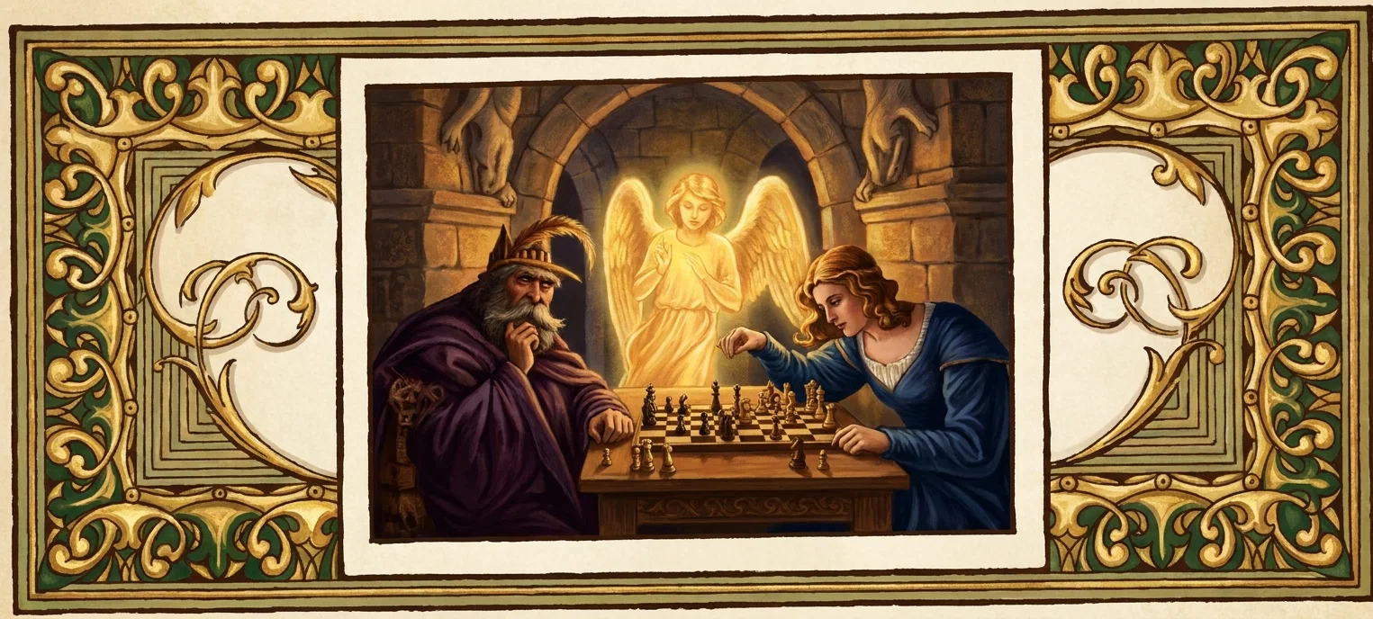 A richly colored scene shows an elderly, bearded man in a dark purple robe and feathered cap facing a young woman in a blue dress as they play chess at a wooden table. The woman reaches toward the arranged chess pieces while the man rests his hand thoughtfully near his face. Behind them, a luminous golden-winged angel stands within a stone archway, flanked by carved architectural figures. Ornate gold, green, and cream scrollwork frames the central scene on both sides, with no visible lettering or text.