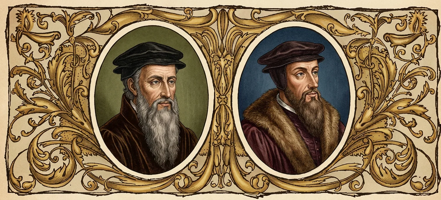 The image presents two formal bust portraits within separate oval medallions, surrounded by an elaborate symmetrical border of curling golden foliage, leaves, flowers, and scrollwork. On the left, a stern gray-bearded man wears a black soft cap and dark robe against a muted olive-green background. On the right, a younger-looking bearded man wears a dark reddish cap, fur-trimmed cloak, and burgundy garment against a deep blue background. Both figures face slightly inward toward the center, creating a balanced paired composition.
