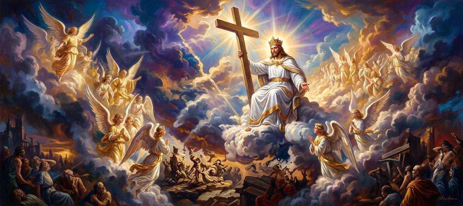 A dramatic heavenly scene shows Christ enthroned on luminous clouds at center, crowned and robed in white with gold trim, holding a large wooden cross while extending his other hand. Radiant light breaks through dark, richly colored storm clouds behind him. Numerous winged angels in flowing pale garments surround him in ascending groups, some kneeling or praying. Below, a turbulent earthly crowd gathers amid rugged ground, smoke, broken structures, and what appear to be weapons or debris, while shadowed observers occupy both lower corners. No legible text appears within the artwork.