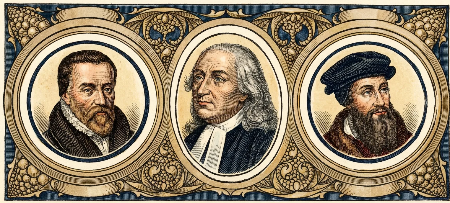 A decorative triptych presents three solemn male reformer portraits in oval medallions. At left, a dark-haired man with a pointed beard wears a black robe and prominent white ruff; in the center, an older, clean-shaven, long-haired man faces slightly left in a dark clerical robe with a broad white collar; at right, a bearded man wears a dark cap, fur-trimmed garment, and reddish clothing. The medallions are framed by elaborate gold-toned scrollwork, floral and fruit-like motifs, and a dark blue ornamental border.