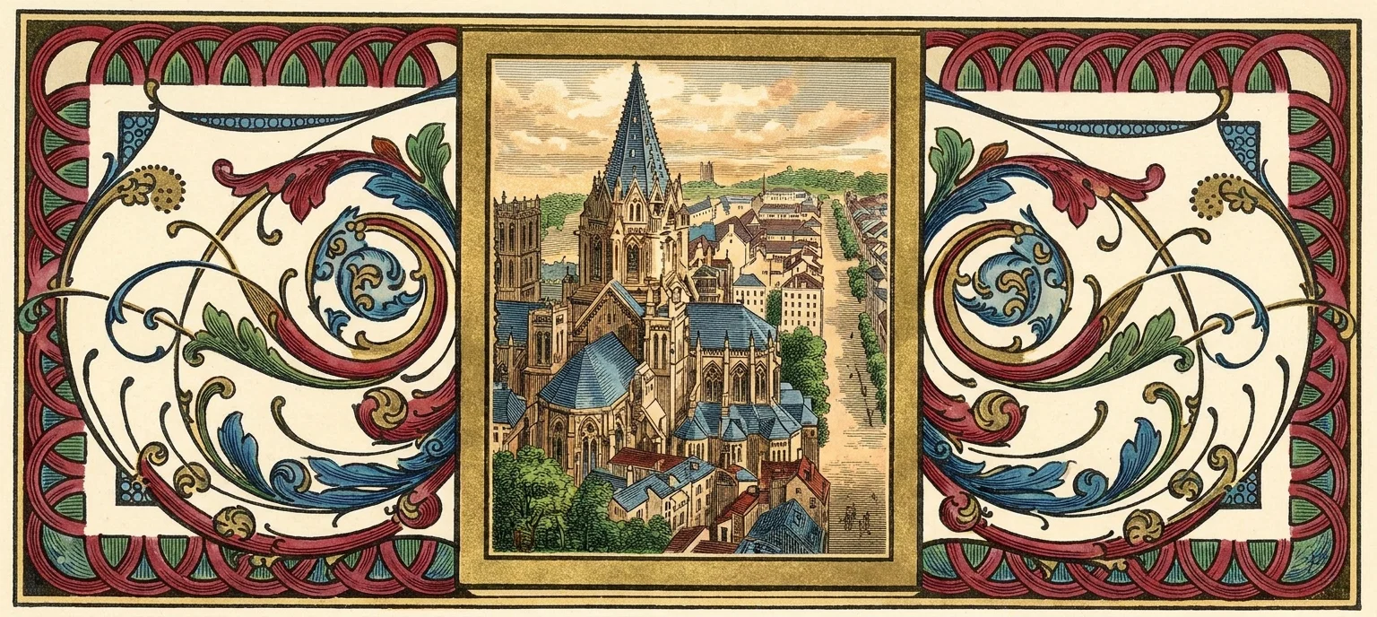 A colorful architectural scene is framed by elaborate symmetrical Art Nouveau–style floral ornament. In the central panel, a densely built historic town rises around a large Gothic cathedral complex, with multiple steep blue-gray roofs, pinnacles, towers, and a prominent tall pointed spire. Smaller houses, trees, and narrow streets fill the foreground and middle distance, while a sunlit landscape with greenery and low hills extends behind the buildings. The side panels feature curling red, blue, green, and gold leaves and vines enclosed by repeating arched border patterns. No lettering is visible.
