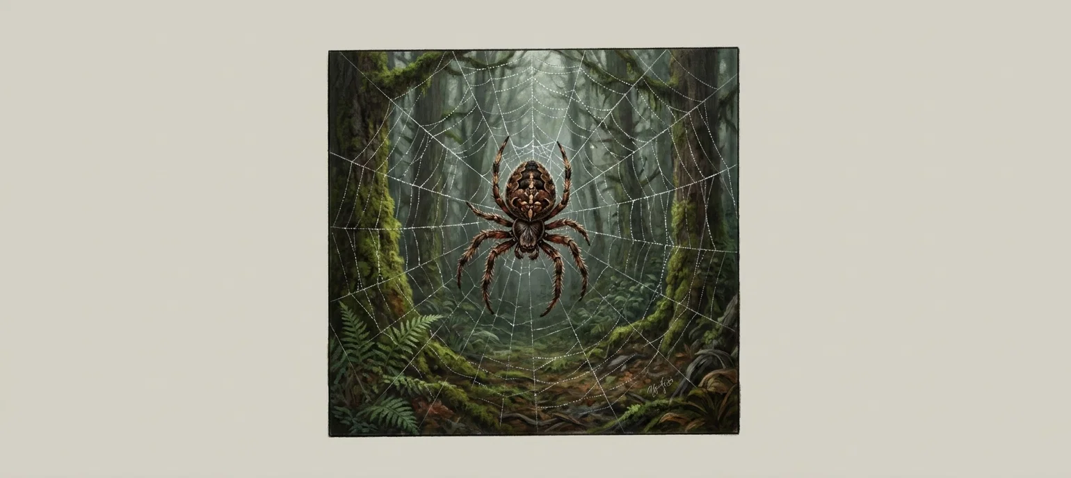 A large brown spider hangs at the center of an intricate, radiating web, its long legs spread against the fine white strands. The web spans a shadowy, dense forest scene, with tall tree trunks, moss-covered branches, ferns, tangled undergrowth, and a dim greenish pathway receding into the background. The composition places the spider prominently in the foreground, symbolically dominating the woodland setting. No people, signs, labels, or other visible text appear within the artwork.