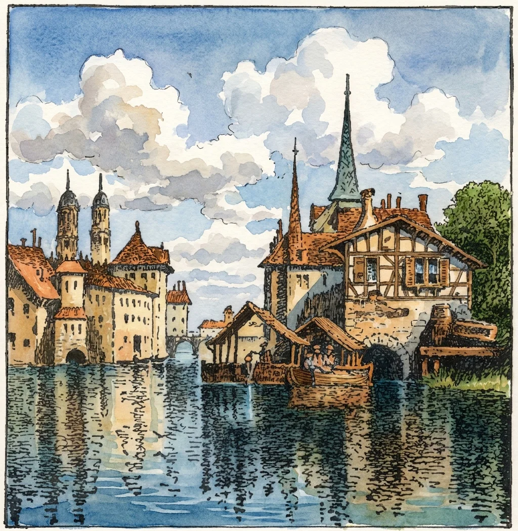 A picturesque historic European waterfront is shown beneath a bright blue sky filled with large billowing clouds. Rippling water occupies the foreground, reflecting the clustered ochre, cream, and brown buildings along the shore. At left, a church or cathedral rises with twin domed towers, while at right a tall, ornate green spire stands behind steep red-tiled roofs and a half-timbered house. Wooden docks, sheds, moored boats, barrels, and small indistinct figures fill the center and right shoreline, with a leafy tree framing the scene.