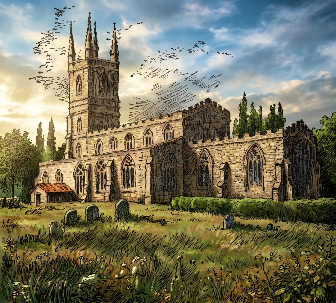 A historic stone Gothic church stands in a rural churchyard, viewed from the front and slightly to the side. Its tall square tower rises at the left, crowned with several narrow pinnacles, while the long nave and adjoining sections display crenellated rooflines, buttresses, and numerous pointed-arch windows with dark tracery. Weathered gravestones are scattered across the grassy foreground, with a small red-roofed outbuilding near the church’s left end. Dense trees frame the scene beneath a dramatic blue, cloud-filled sky, and small handwritten marks appear near the lower edge.