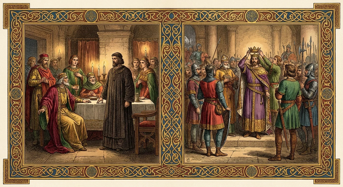A richly ornamented two-panel historical scene portrays the rise of imperial Christianity and religious authority. In the left panel, a bearded ruler or ecclesiastical leader in a gold robe and crimson cloak sits at a table in a stone chamber, surrounded by robed advisers and attendants, while a dark-clad man stands before him. Candles, draperies, and architectural arches fill the room. In the right panel, a crowned king in purple and gold raises a crown above his head as clergy and armored soldiers gather around him, with spears, shields, helmets, and banners suggesting a public proclamation or coronation.