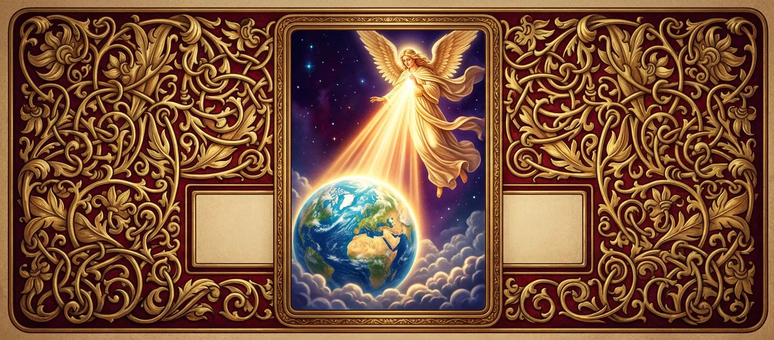 A luminous winged angel in flowing white and golden robes hovers above the Earth, extending one hand while radiant beams stream downward from the figure toward the globe. The Earth is shown prominently with recognizable continents, including Europe, Africa, and Asia, suspended amid billowing clouds. A deep purple and blue star-filled sky forms the background. The central scene is surrounded by an elaborate symmetrical frame of richly ornamented gold foliage and scrollwork on a dark red ground, with two blank rectangular panels flanking the image. No lettering is visible.