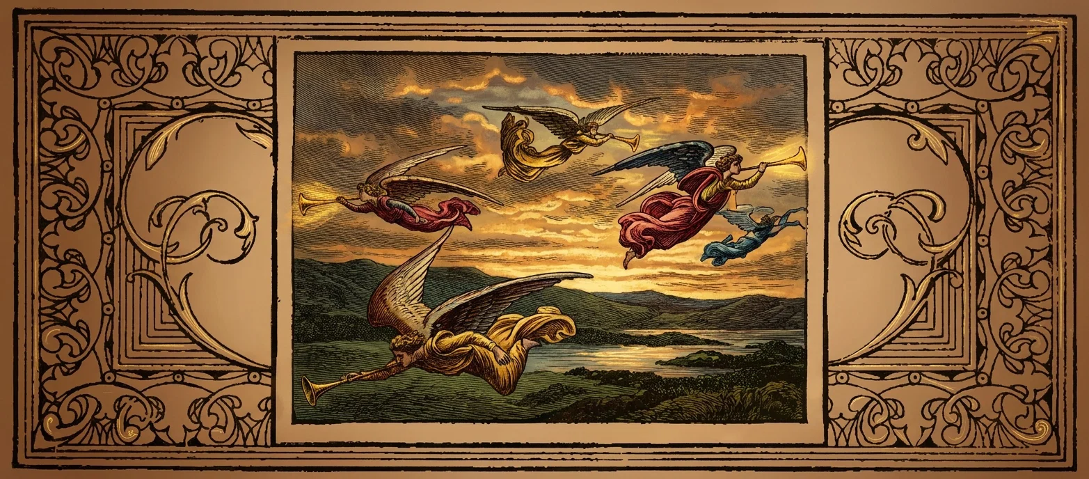 A richly colored scene shows four winged angels flying across a glowing sunset sky, each blowing a long trumpet. They wear flowing robes in red, gold, blue, and purple, with their wings outspread as they move over a tranquil landscape of wooded hills, a lake or broad river, and distant mountains. One large golden-robed angel dominates the foreground, while three smaller angels fly above and to the right. The central image is surrounded by an elaborate symmetrical border of dark ornamental vines, scrollwork, and geometric framing, with no visible lettering.