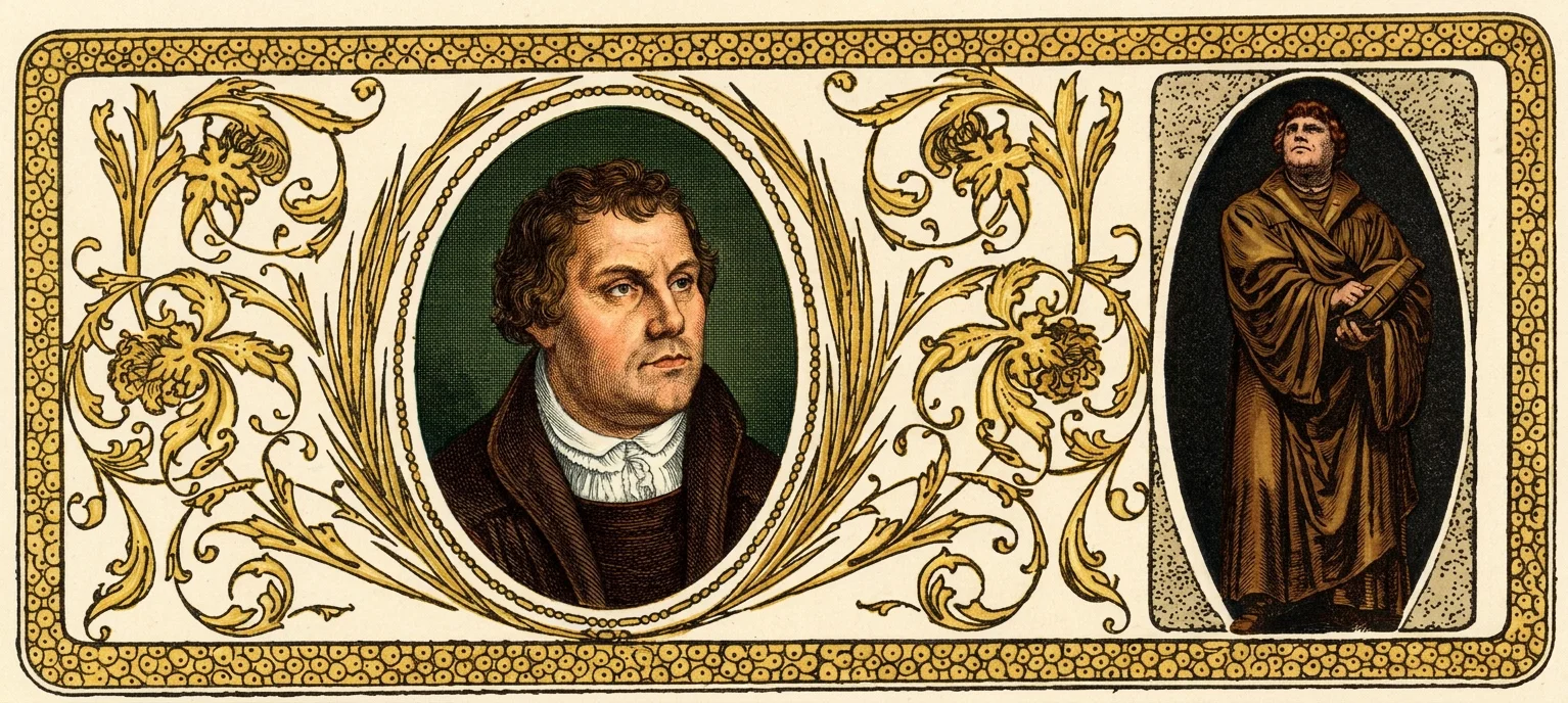 An ornate decorative panel presents two depictions of Martin Luther. At center, a detailed bust portrait shows Luther with curly dark hair, a serious expression, a white gathered clerical collar, and a dark robe, enclosed in an oval medallion with a deep green background. To the right, a full-length image shows him standing in a brown monastic robe, holding a closed book or bound volume across his body. Golden scrolling acanthus leaves and floral motifs surround the central portrait, all enclosed by a patterned gold border; no text is visible.