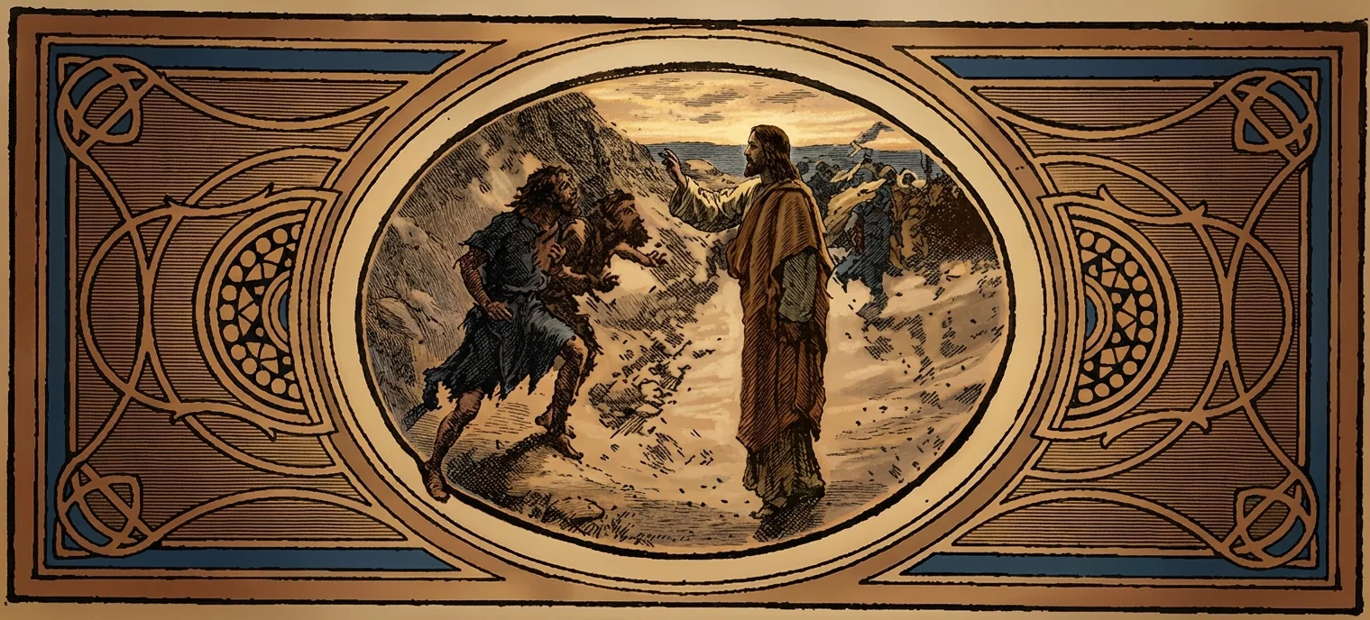 A central oval scene shows Jesus, dressed in a long brown robe and extending one hand, standing on a rugged mountain path. A disheveled, dark-clad man or spirit recoils and bends away before him, while a cluster of shadowy, contorted figures gathers among the rocks behind Jesus, suggesting evil spirits confronting him. Steep mountains and a pale, clouded sky form the background. The scene is surrounded by an elaborate geometric Art Nouveau-style border with interlacing curves, circular motifs, and dark blue, brown, and tan decorative panels; no lettering appears within the artwork.