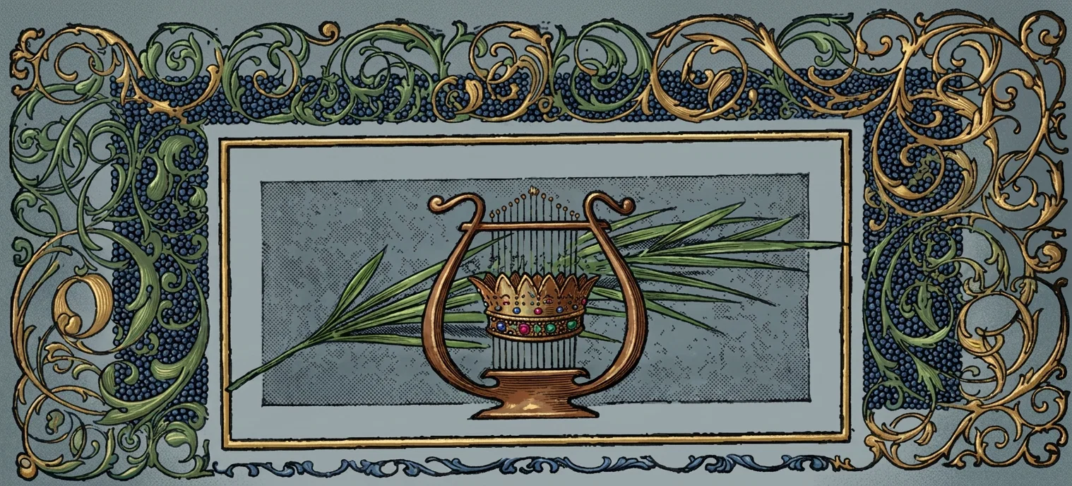 A richly ornamented emblem fills the image. At the center, a jeweled golden crown rests within the frame of a classical harp, whose strings rise to a curved crossbar topped with small decorative knobs. Long green palm or laurel leaves fan outward behind the harp against a stippled gray-blue panel. The central scene is enclosed by a rectangular gold-lined border, while elaborate surrounding decoration consists of curling green foliage, clusters of dark blue berries, and sweeping gold scrollwork, with a narrow blue ornamental flourish along the bottom.