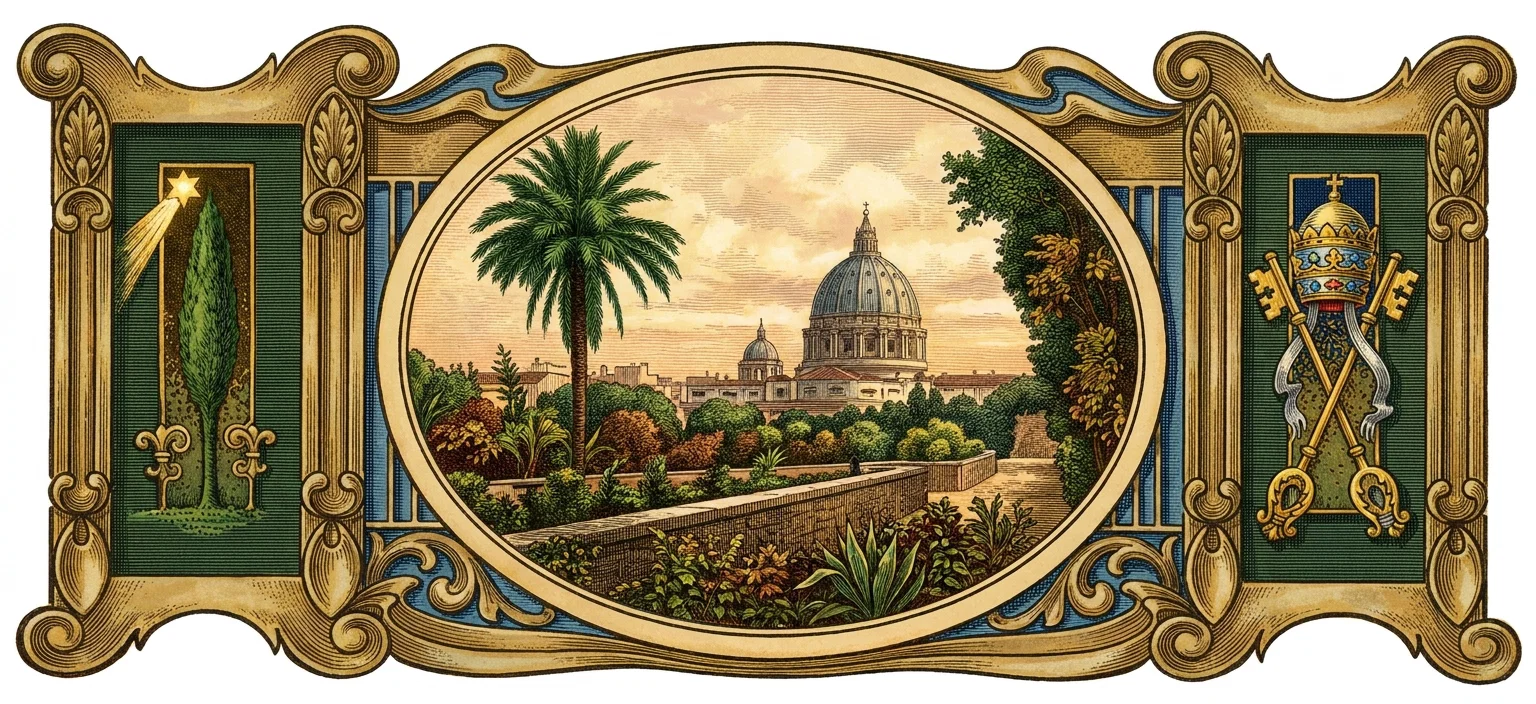 An ornate, symmetrical allegorical scene centers on a panoramic view of St. Peter’s Basilica, with its monumental domed church rising beyond a formal garden of palms, flowering shrubs, trees, terraces, and a low stone balustrade. The central landscape is enclosed in a large oval gilt frame with blue-and-gold scrollwork. At left, a dark green panel shows a tall cypress beneath a radiant star, flanked by decorative floral motifs. At right, a matching panel displays a papal tiara above crossed keys and a richly ornamented shield.