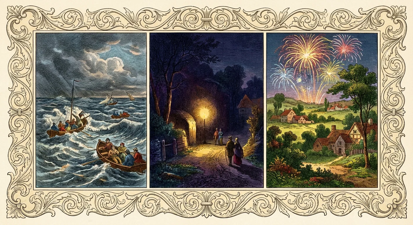 A triptych of dramatic scenes framed by an ornate curling floral border. At left, several small boats crowded with people battle towering, foaming waves beneath a stormy sky, while other vessels appear farther offshore. In the central panel, travelers move along a dark wooded village road at night toward a brilliant golden light shining from a doorway or passage, with cottages and trees around them. At right, a peaceful rural landscape of green fields, trees, clustered houses, and distant hills is illuminated by numerous colorful fireworks bursting overhead.