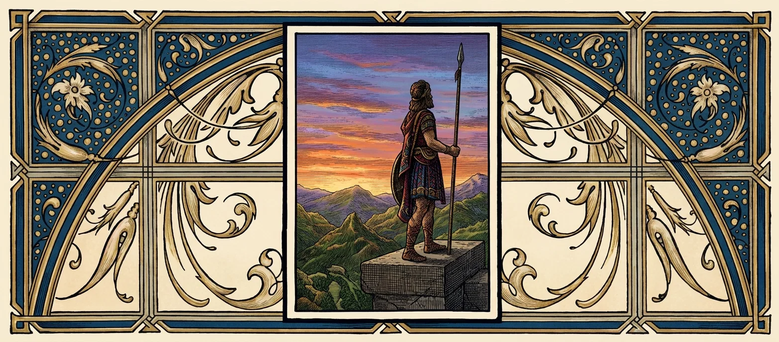 A centrally framed, historic-style scene shows a lone warrior or traveler standing in profile on a high stone platform, facing right and holding a tall spear. The figure wears a richly patterned dark cloak, tunic, leggings, and sandals, with long hair gathered behind the head. Below and beyond him stretches a rugged range of green mountains beneath a glowing sunset sky streaked with purple, pink, orange, and yellow. The central panel is surrounded by an elaborate symmetrical ornamental border in deep blue, cream, gold, and black, featuring curling foliage, stylized flowers, leaves, dotted decorative fields, and geometric framing; no text or lettering is visible.
