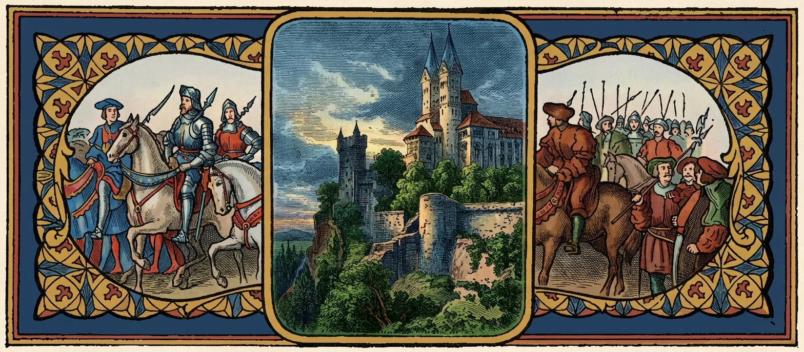 A decorative triptych portrays the Protestant princes and their military support during the Reformation. In the central panel, a fortified medieval town or castle rises above wooded hills beneath a cloudy blue sky, with towers, walls, and a large church-like building. The left panel shows armored mounted knights and attendants, including a rider on a white horse carrying a lance. The right panel depicts a procession of armed soldiers and nobles on horseback and on foot, wearing colorful medieval garments and helmets, with spears and staffs raised. Ornate blue, gold, red, and cream geometric and floral borders frame the scenes.
