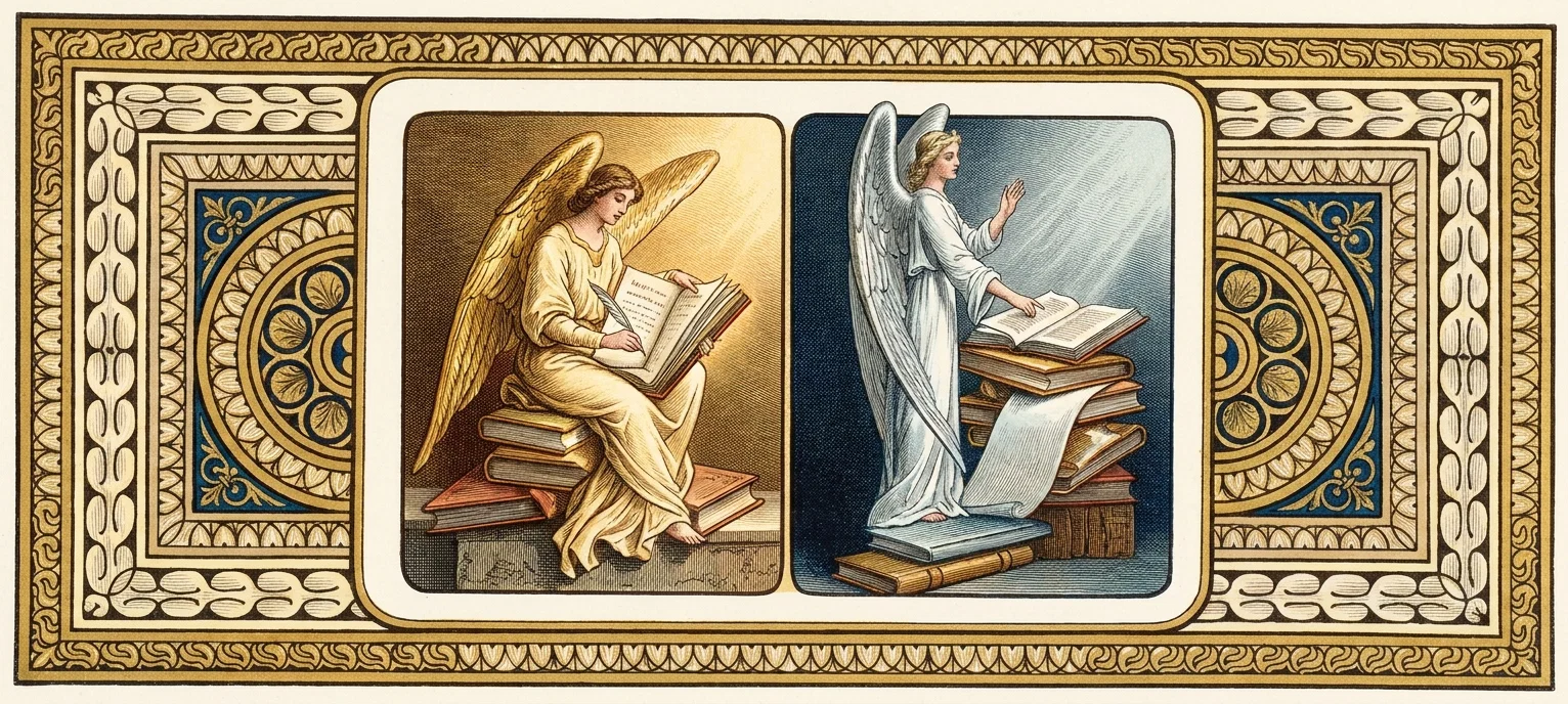 An ornate symmetrical panel frames two scenes of winged angels surrounded by stacks of books. On the left, a golden-winged angel in a flowing cream robe sits on piled volumes, writing with a pen in an open book. On the right, a pale-winged angel in a white robe stands atop more books, one hand raised while the other rests on an open volume; loose pages spill over the stack. Decorative blue, gold, and cream geometric and scrolling patterns fill the surrounding border. No prominent readable text appears beyond tiny indistinct marks in the open books.