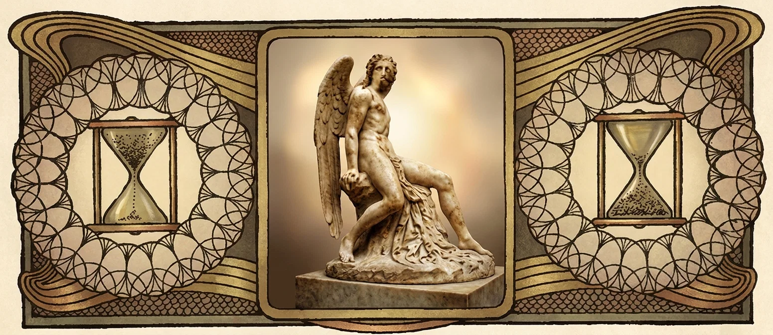 A symmetrical decorative panel frames a central classical marble sculpture of a seated, partially draped winged figure, likely an angel, resting on a rocky pedestal and gazing outward. On either side are matching hourglasses with sand gathered in the lower bulbs, enclosed within elaborate looping, interlaced floral or geometric ornament. Broad curling bands, dark patterned borders, and muted tan, brown, and cream tones give the composition an ornate antique appearance. No lettering or other text is visible within the artwork.
